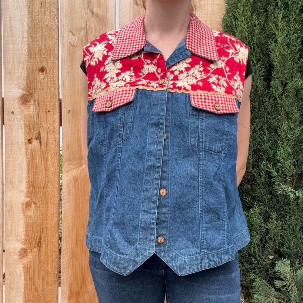 Moon River Denim Vest with Red Floral Accents, fall themed